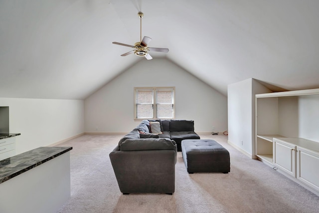 213 Andover Way, Nashville, TN 37221 - living room featuring ceiling fan, light carpet, lofted ceiling, and baseboards