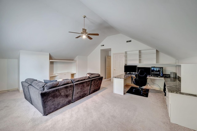 213 Andover Way, Nashville, TN 37221 - living area featuring light colored carpet, a desk, vaulted ceiling, and a ceiling fan