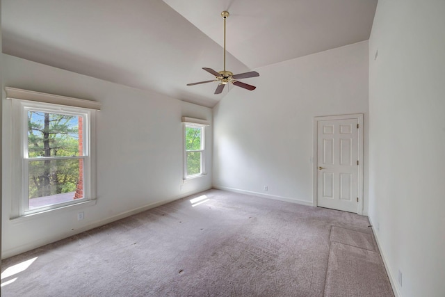 213 Andover Way, Nashville, TN 37221 - spare room featuring carpet, high vaulted ceiling, baseboards, and ceiling fan