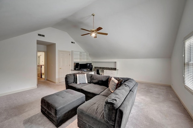 213 Andover Way, Nashville, TN 37221 - living area with light carpet, vaulted ceiling, ceiling fan, and baseboards