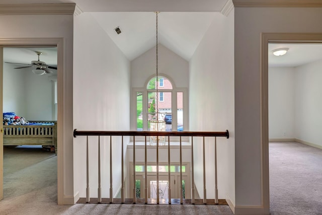 213 Andover Way, Nashville, TN 37221 - stairs featuring carpet floors, baseboards, high vaulted ceiling, and a ceiling fan