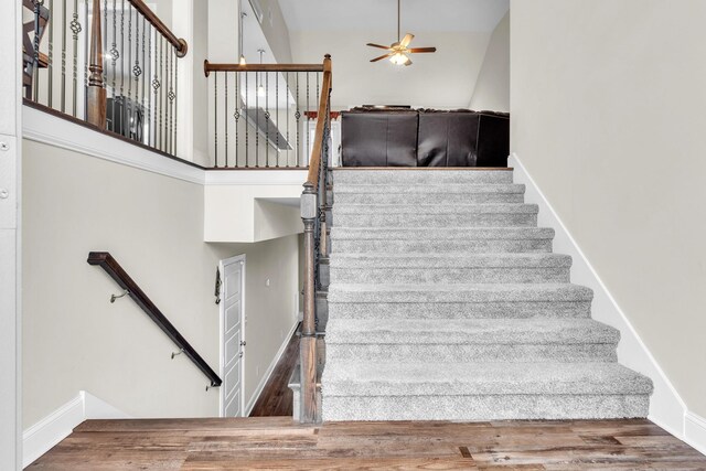 1928 Sydney Louise Dr, Clarksville, TN 37042 - staircase with ceiling fan, wood finished floors, baseboards, and a towering ceiling