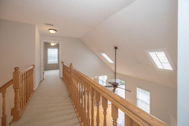 2818 Crazy Horse, Murfreesboro, TN 37127 - hallway with an upstairs landing, vaulted ceiling, light carpet, baseboards, and a skylight
