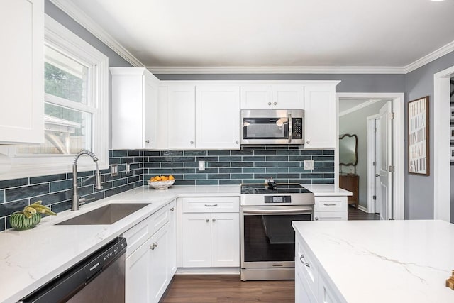 3120 Larkspur Dr, Nashville, TN 37207 - kitchen with stainless steel appliances, a sink, tasteful backsplash, white cabinetry, and ornamental molding