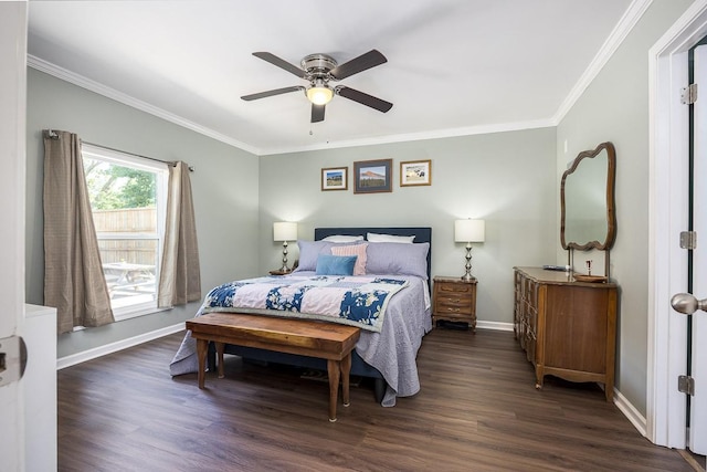 3120 Larkspur Dr, Nashville, TN 37207 - bedroom with ornamental molding, baseboards, dark wood-style flooring, and a ceiling fan
