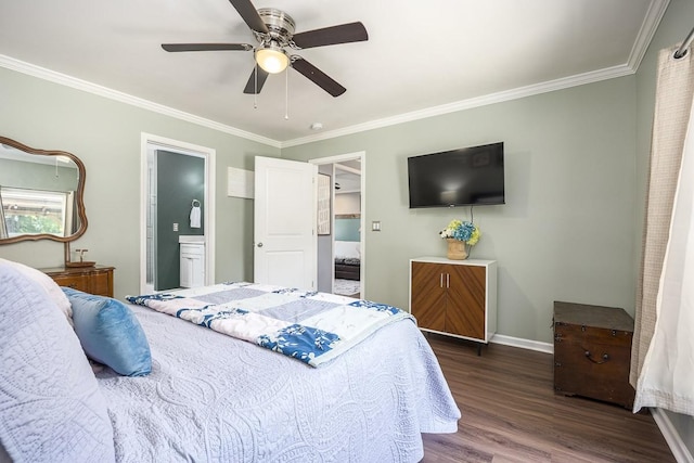 3120 Larkspur Dr, Nashville, TN 37207 - bedroom with dark wood-style floors, ornamental molding, baseboards, ensuite bath, and a ceiling fan