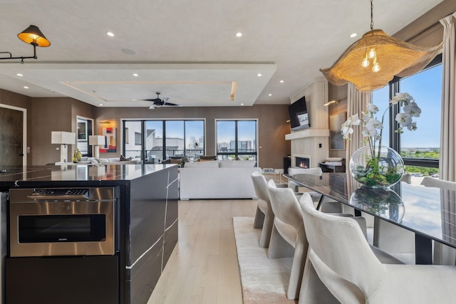 1016B 9th Ave S, Nashville, TN 37203 - kitchen with stainless steel oven, light wood-type flooring, open floor plan, ceiling fan, and a lit fireplace
