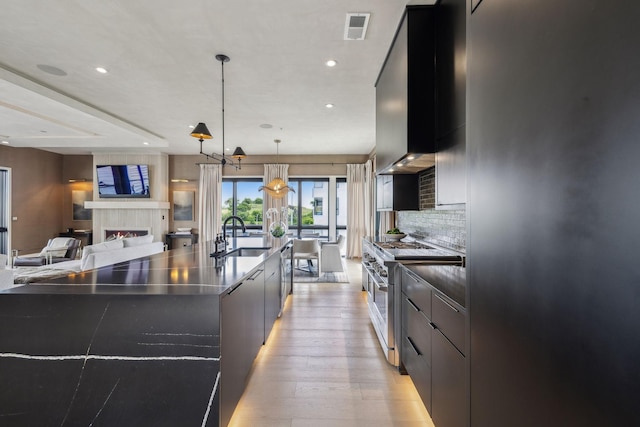 1016B 9th Ave S, Nashville, TN 37203 - kitchen with modern cabinets, appliances with stainless steel finishes, a sink, a warm lit fireplace, and recessed lighting