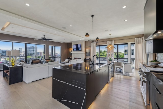 1016B 9th Ave S, Nashville, TN 37203 - kitchen with a sink, high end range, ventilation hood, dark countertops, and light wood-type flooring