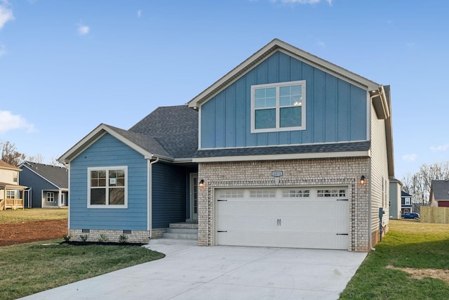 1271 Racker Dr, Clarksville, TN 37043 - view of front of house featuring board and batten siding, concrete driveway, a front yard, a garage, and crawl space