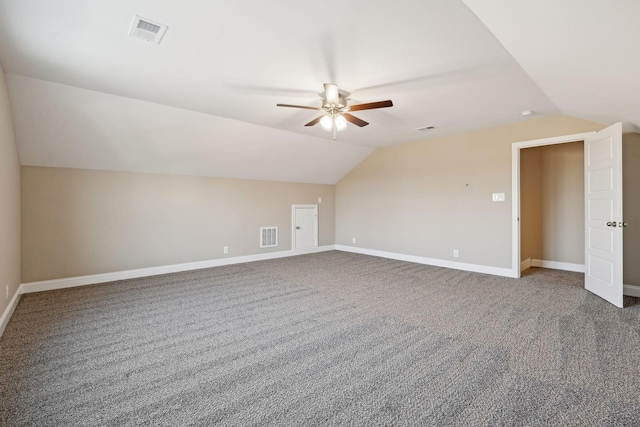 1271 Racker Dr, Clarksville, TN 37043 - bonus room featuring vaulted ceiling, ceiling fan, carpet floors, and baseboards