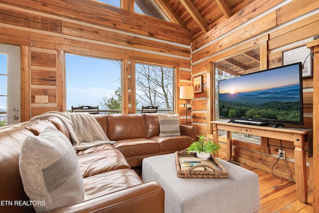 1815 Silver Poplar Ln, Sevierville, TN 37876 - living room featuring wood walls, wooden ceiling with exposed beams, hardwood / wood-style flooring, and high vaulted ceiling