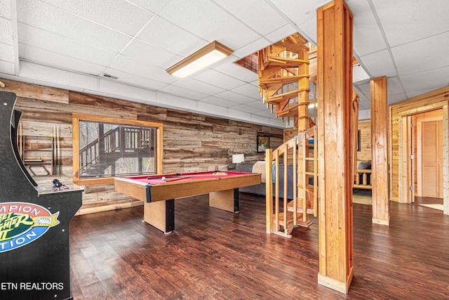 1815 Silver Poplar Ln, Sevierville, TN 37876 - game room featuring wooden walls, a drop ceiling, wood finished floors, and billiards table