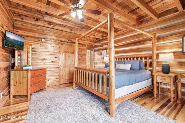 1815 Silver Poplar Ln, Sevierville, TN 37876 - bedroom with wood ceiling with exposed beams, hardwood / wood-style flooring, and wooden walls