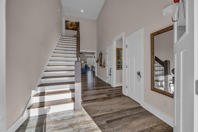 163 Autumn Wind Dr SW, Cleveland, TN 37311 - foyer with stairs, a high ceiling, wood finished floors, and recessed lighting