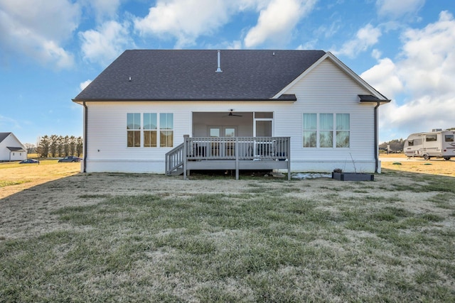 163 Autumn Wind Dr SW, Cleveland, TN 37311 - rear view of house featuring a wooden deck, a lawn, a ceiling fan, and roof with shingles