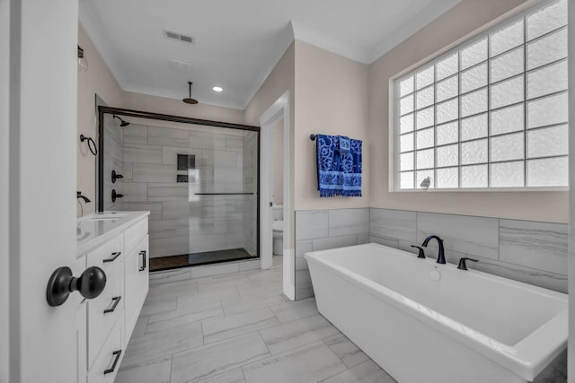 163 Autumn Wind Dr SW, Cleveland, TN 37311 - full bath featuring a shower stall, a freestanding bath, marble finish floors, recessed lighting, and crown molding