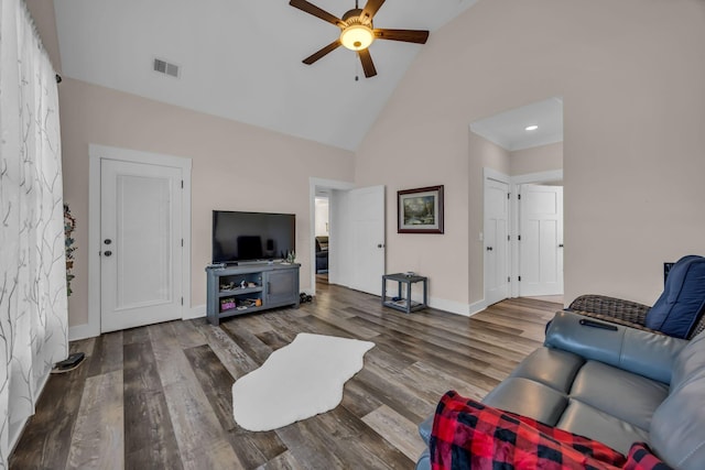 163 Autumn Wind Dr SW, Cleveland, TN 37311 - living area with high vaulted ceiling, ceiling fan, wood finished floors, and recessed lighting