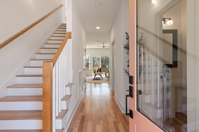 534 Green Ln, Whites Creek, TN 37189 - stairs featuring wood finished floors, recessed lighting, ceiling fan, and baseboards