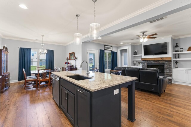 4115 Andes Dr, Murfreesboro, TN 37127 - kitchen with a sink, a fireplace, dishwasher, dark wood-style floors, and hanging light fixtures