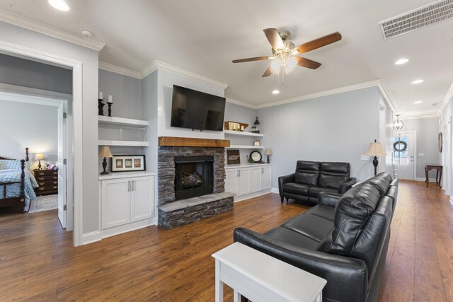 4115 Andes Dr, Murfreesboro, TN 37127 - living room with hardwood / wood-style floors, crown molding, ceiling fan, a fireplace, and recessed lighting