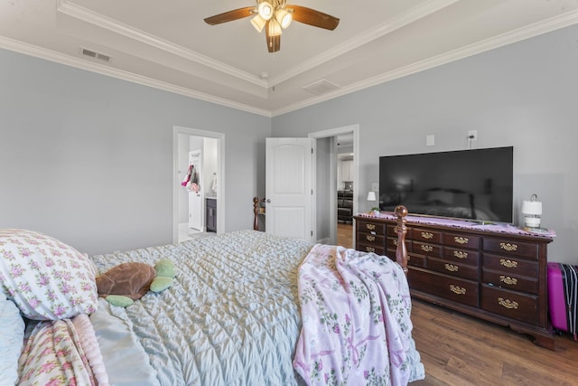 4115 Andes Dr, Murfreesboro, TN 37127 - bedroom featuring a raised ceiling, wood finished floors, ornamental molding, and a ceiling fan