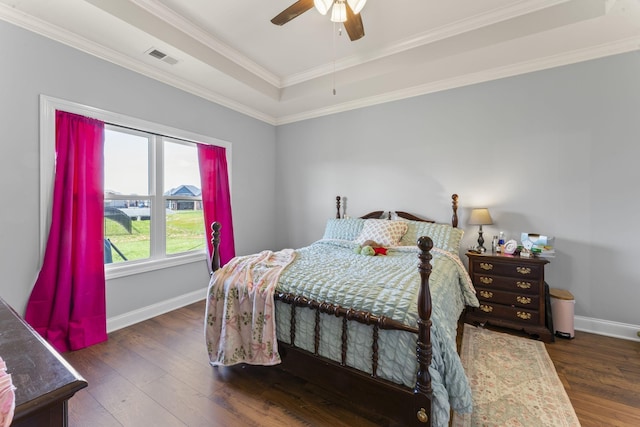 4115 Andes Dr, Murfreesboro, TN 37127 - bedroom featuring a raised ceiling, wood finished floors, baseboards, crown molding, and ceiling fan