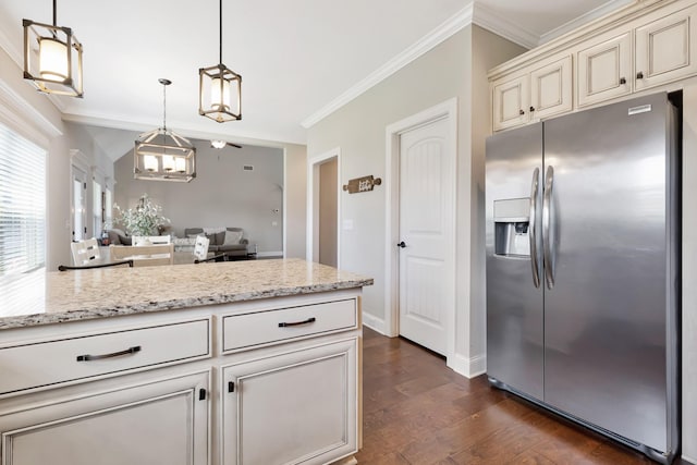 1114 Escalade Ct, Lascassas, TN 37085 - kitchen with stainless steel fridge, cream cabinets, crown molding, dark wood-style flooring, and light stone countertops