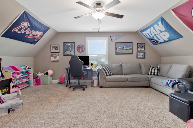 1114 Escalade Ct, Lascassas, TN 37085 - home office featuring lofted ceiling, carpet flooring, and ceiling fan