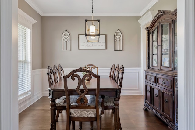 1114 Escalade Ct, Lascassas, TN 37085 - dining space featuring dark wood-style flooring, ornamental molding, a wainscoted wall, and a decorative wall