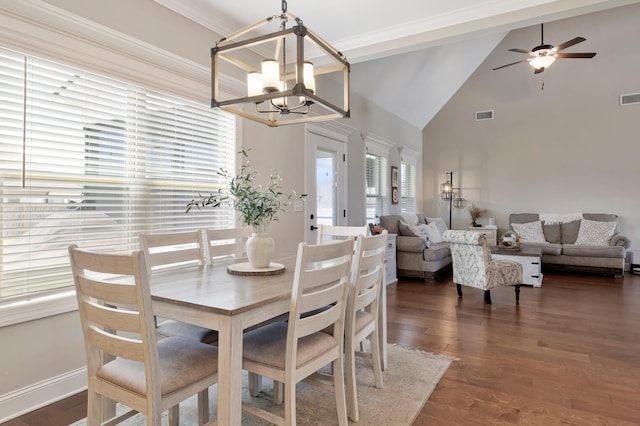1114 Escalade Ct, Lascassas, TN 37085 - dining area featuring a chandelier, dark wood-style floors, high vaulted ceiling, a ceiling fan, and baseboards