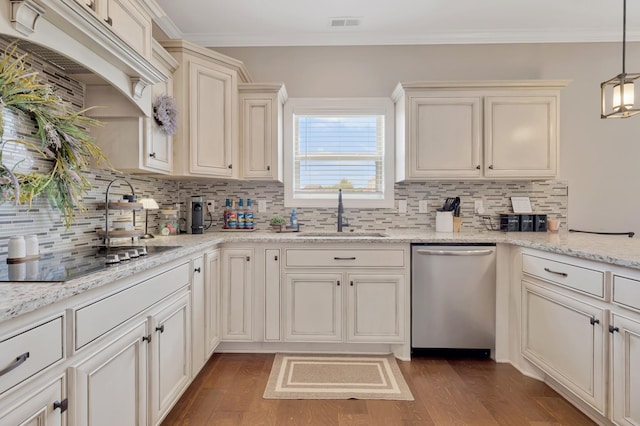 1114 Escalade Ct, Lascassas, TN 37085 - kitchen featuring dishwasher, a sink, black electric cooktop, wood finished floors, and crown molding