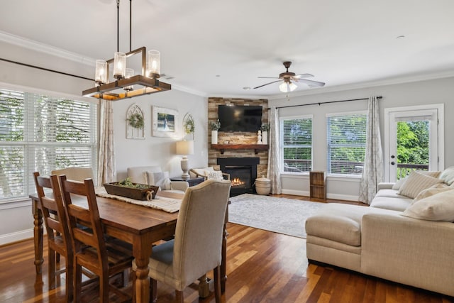 3324 Redmon Hl, Nolensville, TN 37135 - dining area with plenty of natural light, a stone fireplace, ornamental molding, baseboards, and ceiling fan