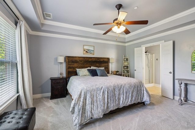3324 Redmon Hl, Nolensville, TN 37135 - bedroom featuring light colored carpet, a raised ceiling, ornamental molding, baseboards, and a ceiling fan