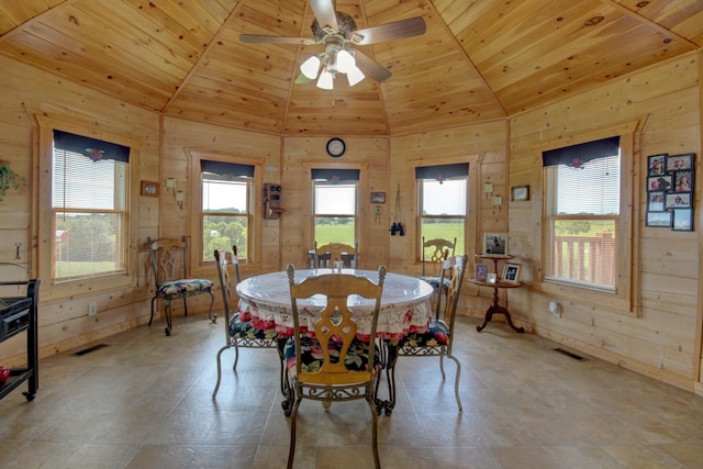 1820 Buck Smith Rd, Palmyra, TN 37142 - dining room featuring wooden ceiling, lofted ceiling, wooden walls, and ceiling fan