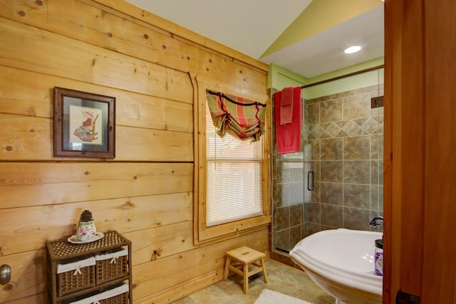 1820 Buck Smith Rd, Palmyra, TN 37142 - full bathroom with a stall shower, vaulted ceiling, and wooden walls