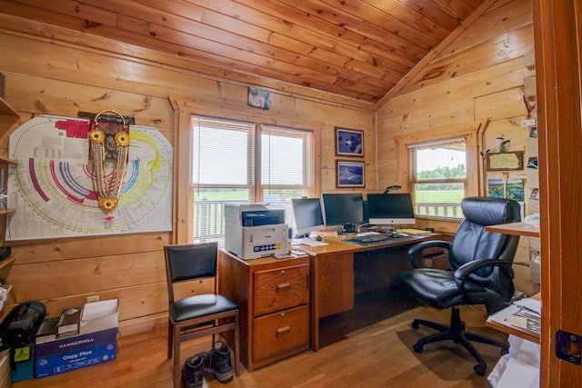1820 Buck Smith Rd, Palmyra, TN 37142 - office featuring vaulted ceiling, wooden walls, wood finished floors, and wood ceiling