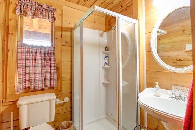 1820 Buck Smith Rd, Palmyra, TN 37142 - bathroom featuring wood walls, a shower stall, and toilet