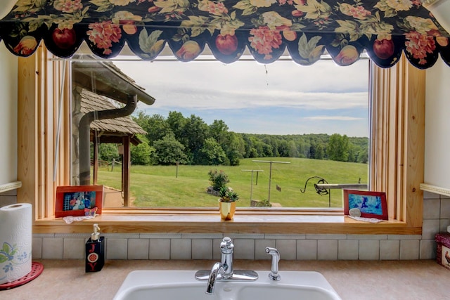 1820 Buck Smith Rd, Palmyra, TN 37142 - kitchen view of a sink, light countertops, and a forest
