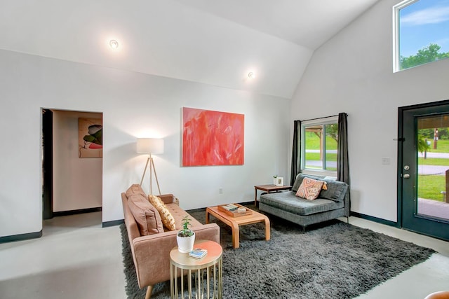 6969 Cuba Landing Rd, Waverly, TN 37185 - living room featuring plenty of natural light, high vaulted ceiling, and baseboards