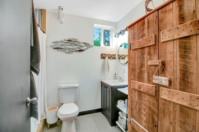 6969 Cuba Landing Rd, Waverly, TN 37185 - bathroom featuring vanity, toilet, baseboards, and marble finish flooring