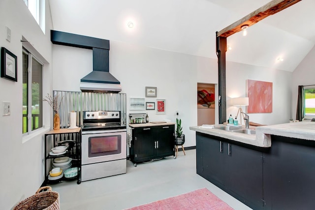 6969 Cuba Landing Rd, Waverly, TN 37185 - kitchen featuring electric range, wall chimney exhaust hood, concrete floors, a sink, and light countertops