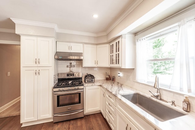 120 Brookhaven Dr, Gallatin, TN 37066 - kitchen with stainless steel gas range oven, under cabinet range hood, a sink, crown molding, and glass insert cabinets