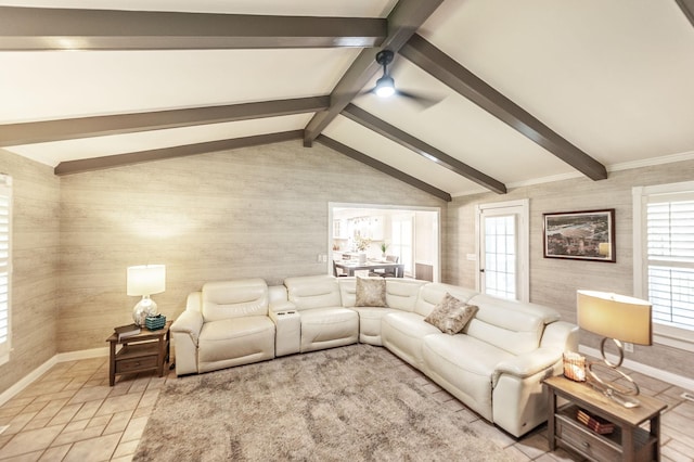 120 Brookhaven Dr, Gallatin, TN 37066 - living room with healthy amount of natural light, baseboards, wood walls, and a ceiling fan