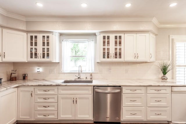 120 Brookhaven Dr, Gallatin, TN 37066 - kitchen with dishwasher, a sink, white cabinetry, tasteful backsplash, and ornamental molding