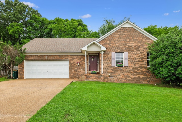 2956 Augusta Trace Dr, Spring Hill, TN 37174 - ranch-style house with concrete driveway, a front yard, an attached garage, brick siding, and roof with shingles