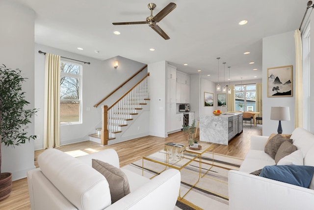 2514B Booker St, Nashville, TN 37208 - living area featuring recessed lighting, light wood finished floors, stairway, and a ceiling fan