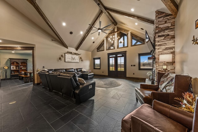 464 Old, Petersburg Park, Petersburg, TN 37144 - living area with high vaulted ceiling, beamed ceiling, ceiling fan, stone tile flooring, and baseboards