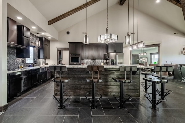 464 Old, Petersburg Park, Petersburg, TN 37144 - kitchen with appliances with stainless steel finishes, beam ceiling, high vaulted ceiling, a breakfast bar, and tasteful backsplash
