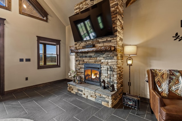 464 Old, Petersburg Park, Petersburg, TN 37144 - living room featuring a stone fireplace, high vaulted ceiling, and baseboards